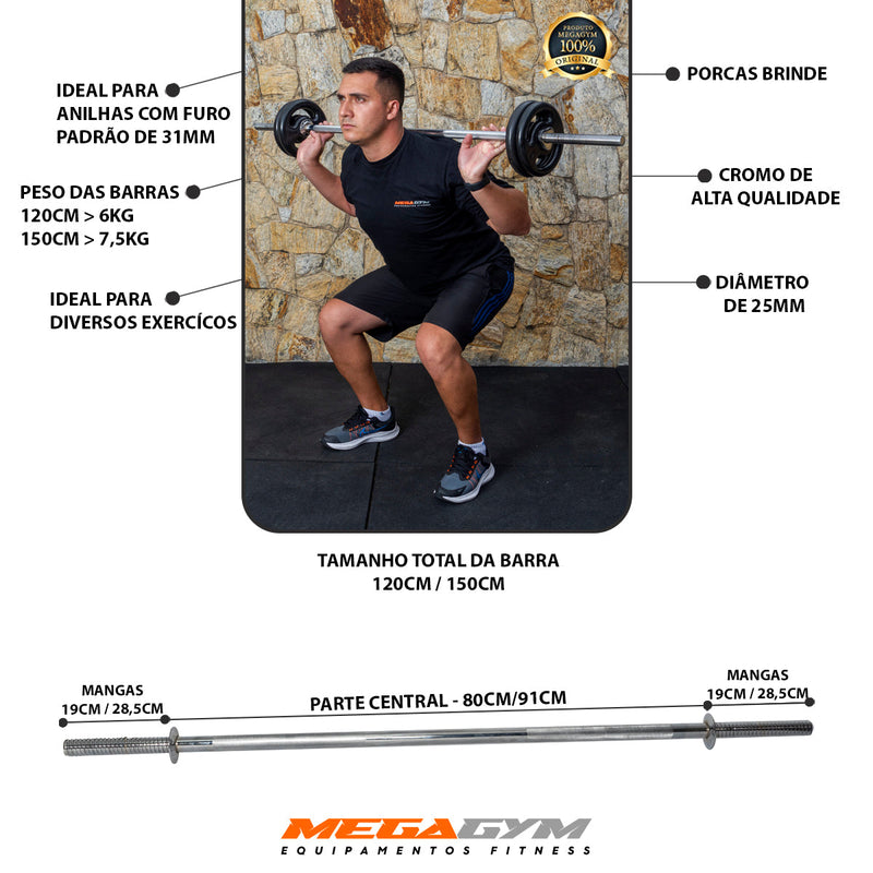 BARRA RETA 1,50M 25,40MM MACIÇA CROMADA ROSQUEAVEL