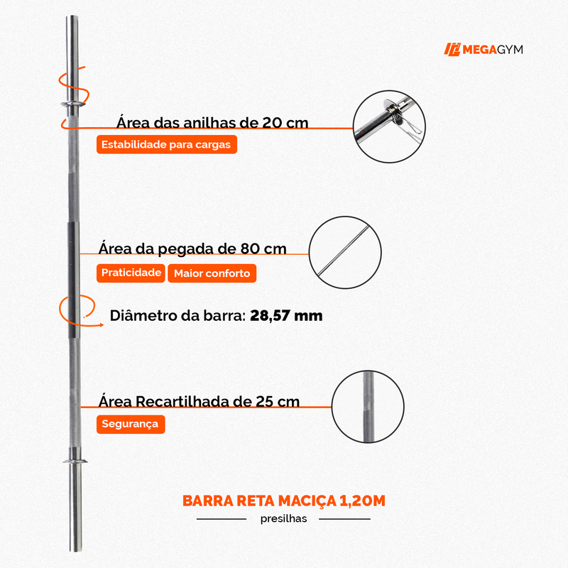 Barra Reta 1,20M 28,57mm Maciça Cromada Com Presilhas